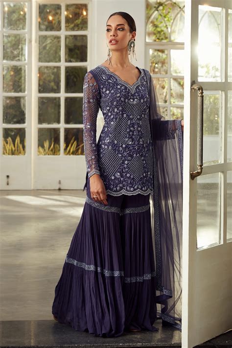 Buy Blue Georgette And Net Lining Shantoon Embroidery Pearls Kurta