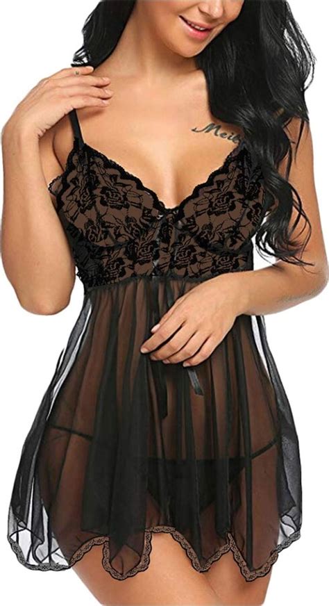 Nfghk Women Sexy Lace Nightdress With Thong Black Lingerie Set