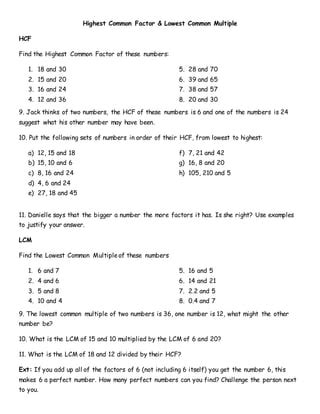 Hcf Lcm Worksheet PDF