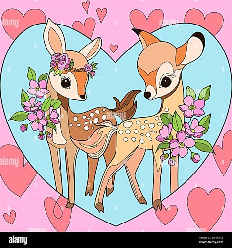 cartoon illustration, two cute fawns and flowers Stock Photo - Alamy