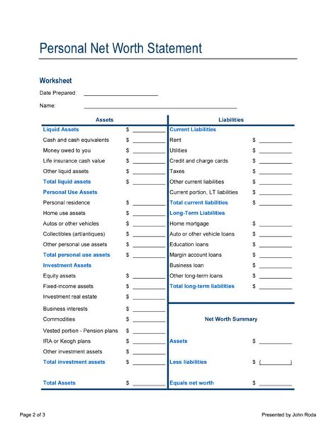 Net Worth Worksheet Fillable