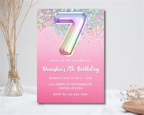 Editable Pink 7th Birthday Invitation Template Glitter Birthday Party