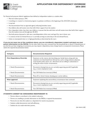 Fillable Online Stlcc APPLICATION FOR DEPENDENCY OVERRIDE 2014 2015 For