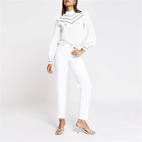 White Long Sleeve Ruffle Top River Island