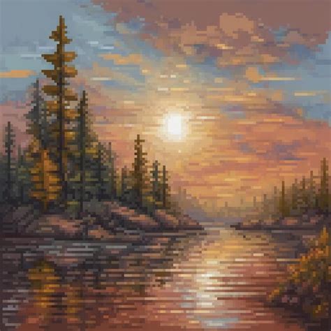 Pixel Art Sunset Lake Scene With Trees Premium Ai Generated Image