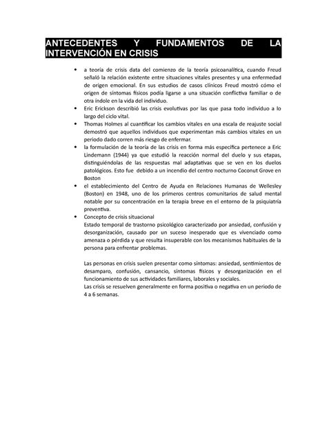 Antecedentes Y Fundamentos De La Intervención En Crisis Antecedentes