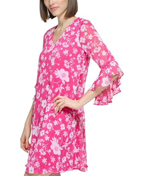 Calvin Klein Womens Floral Print Ruffled Sleeve Shift Dress Macys