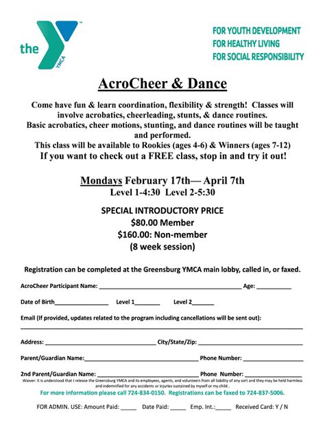 Fillable Online Greensburgymca Acrocheer Dance Greensburg Ymca Fax