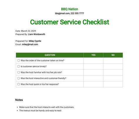 Customer Checklist Template