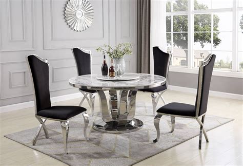 Best Quality Furniture 5pc Round Dining Set w/Lazy Susan, Auth Marble & Uph High Back Chairs ...