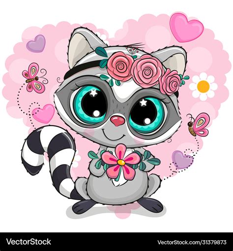 Cartoon Raccoon Girl With Flower On A Heart Vector Image