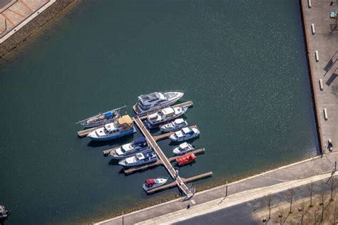 Aerial View Boat Mooring In Marina At Graf Bismarck Harbor Quarter At