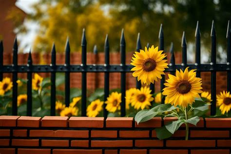 Sunflowers In Front Of A Brick Wall With Iron Fence Ai Generated