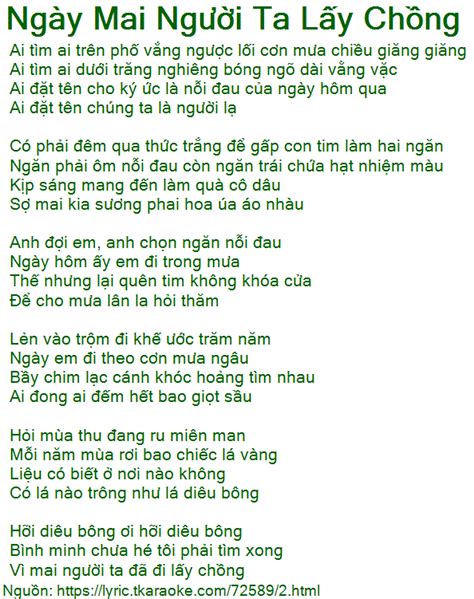 Loi Bai Hat Ngay Mai Nguoi Ta Lay Chong Dong Thien Duc Co Nhac Nghe