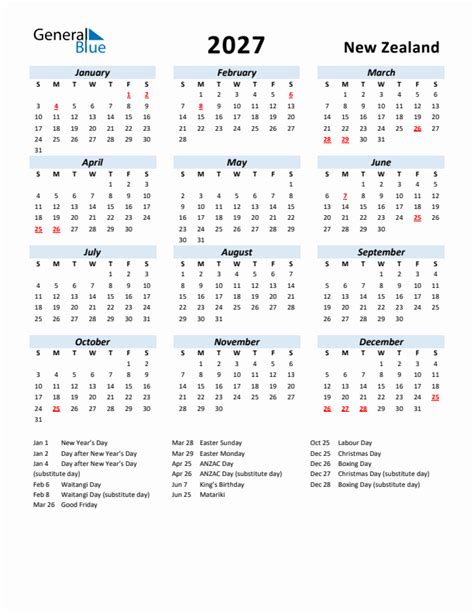 2027 New Zealand Calendar with Holidays