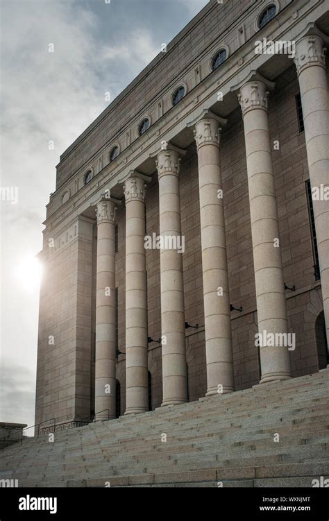 Detail of Finnish Parliament house. The unicameral parliament has 200 members and meets in the ...