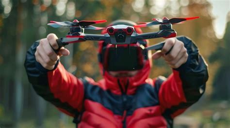 Man In Red Jacket Holding A Drone In Front Of Him In A Forest Premium