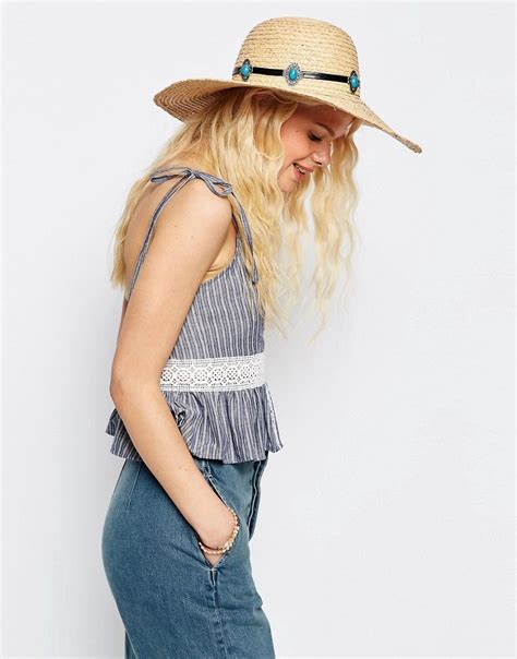 Asos Oversized Natural Floppy Straw Hat With Turq Stone Band Floppy