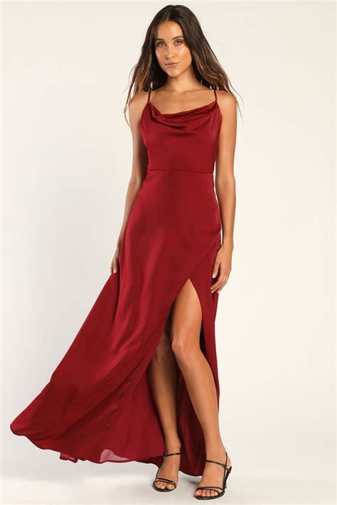 Wine Satin Maxi Dress Red Bridesmaid Dress Cowl Neck Dress Lulus