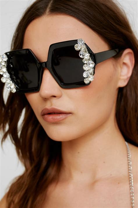 Oversized Colored Lens Diamante Embellished Trim Sunglasses Nasty Gal