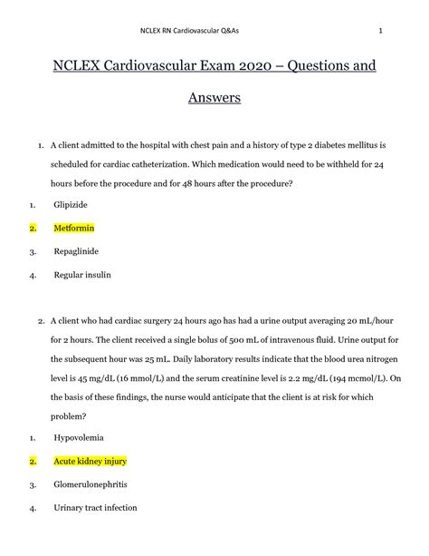 Solution Nclex Cardiovascular Exam Questions And Answers Pdf