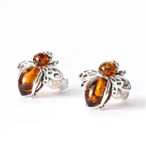 Honey Bee Baltic Amber Sterling Silver Stud Earrings