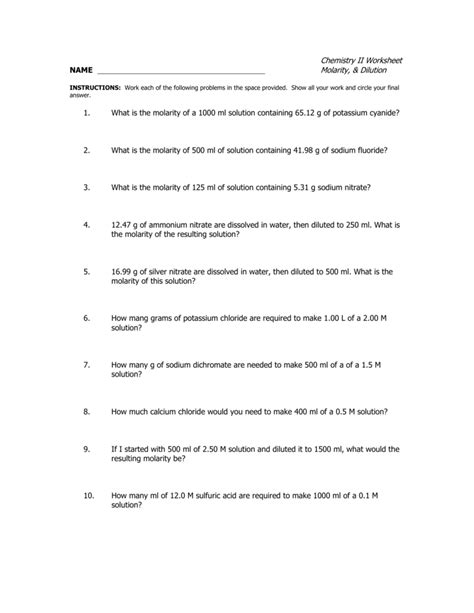 Molarity Dilution Worksheets