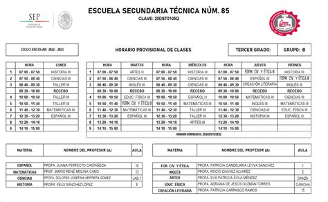 Horarios Tercer Grado Ciclo Escolar 2022 2023 Escuela Secundaria Técnica 85