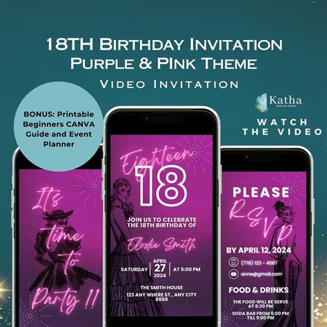 18th Birthday Video Invitation For Girl Editable Purple And Pink Motif