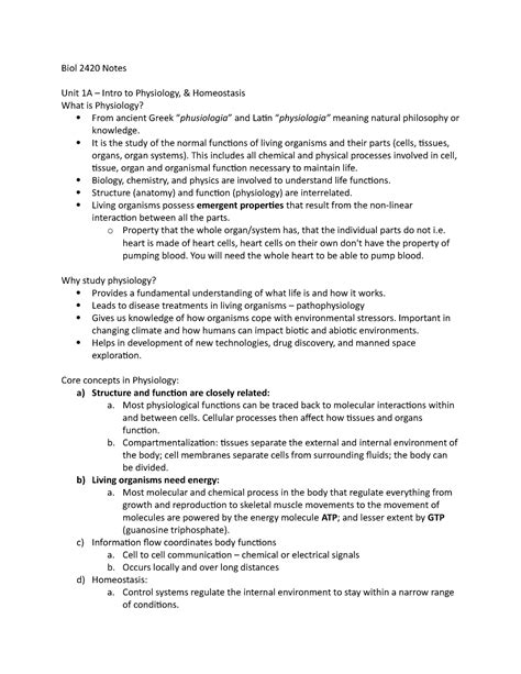 Biol Notes Unit A Intro To Physiology Homeostasis Biol