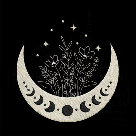 Floral Moon Wildflowers Celestial Crescent Moon Embroidery Etsy