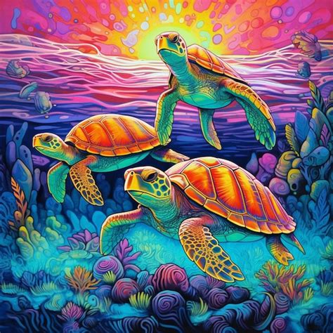 Premium Ai Image Painting Of Three Turtles Swimming In The Ocean At