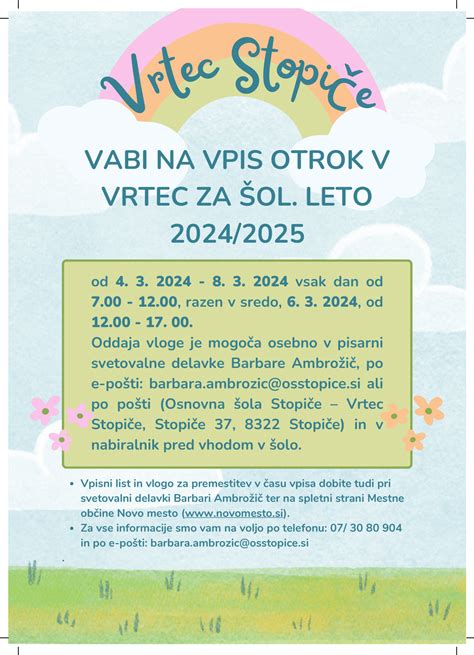 Vabilo na vpis v vrtec za šolsko leto 2024 25 Osnovna šola Stopiče