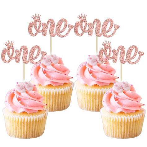 Gyufise 24 Pack Rose Gold One Cupcake Toppers 1st Birthday Cupcake