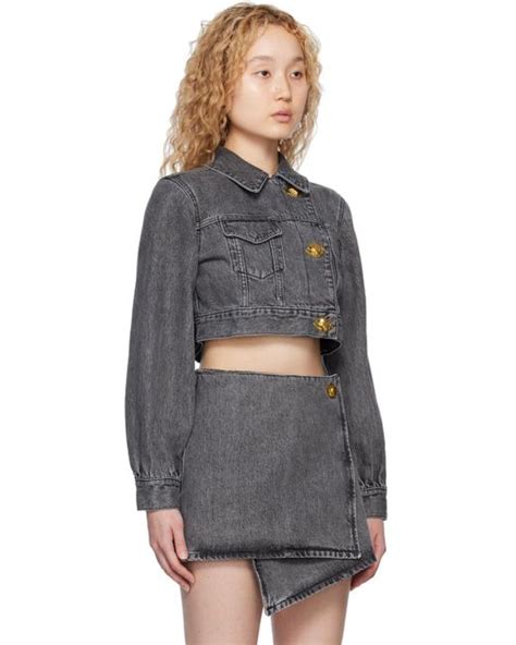 Ganni Gray Cropped Denim Jacket Lyst