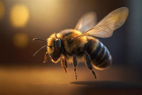 Close Up Realistic Flying Honey Bees Collecting Pollen On Flowers