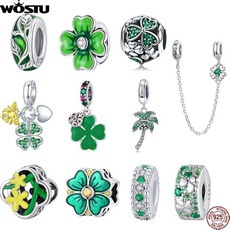 Wostu 925 Sterling Silver Four Leaf Clover Safety Chain Accessory Green