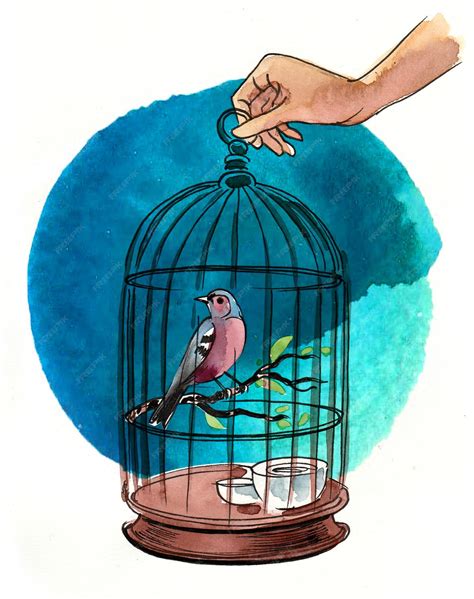 Premium Photo Hand Holding A Cage With A Bird Handdrawn Ink And