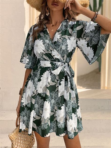 Shein Vcay Floral Print Butterfly Sleeve Belted Dress Shein Uk