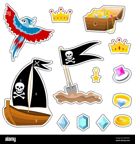 Pirate Adventure Set Of Pirates Vector Cartoon Stickers Boat Shovel