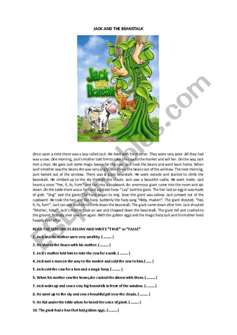 Jack And The Beanstalk Esl Worksheet By Elteachermike