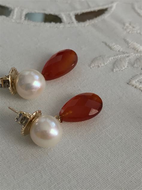 Cultured Freshwater Pearl Carnelian 14k Gold Earrings FPE3