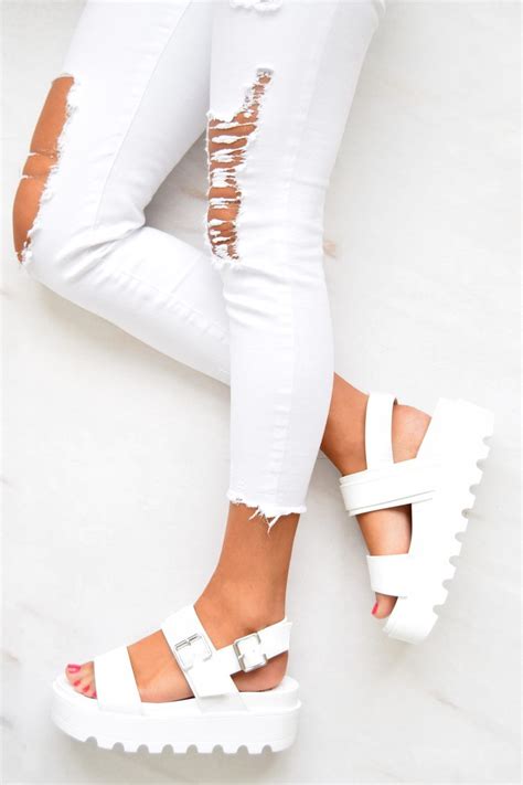 Gabriella Chunky Cleated Platform Buckle Sandals White In 2020