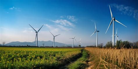 Turbinas De Viento En Un Campo Con Un Cielo Azul De Fondo Foto Premium