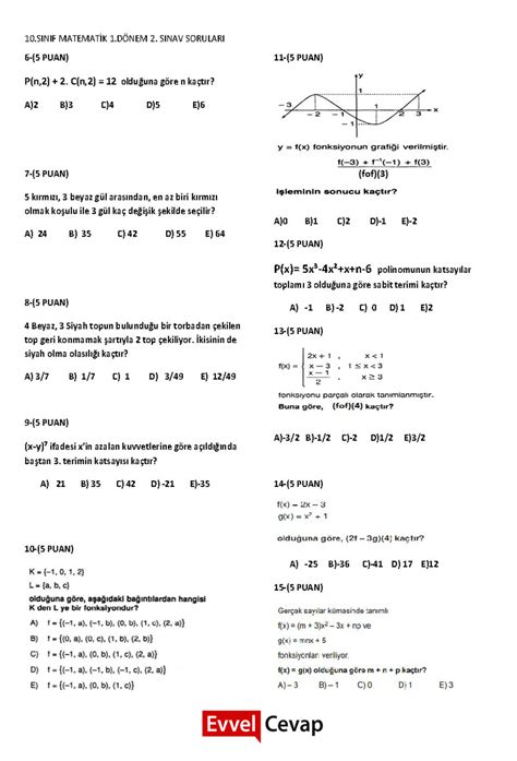 10 Sınıf Matematik 1 Dönem 2 Yazılı Soruları