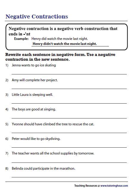 Negative Contractions Worksheet Contraction Worksheet Contractions Easy Grammar