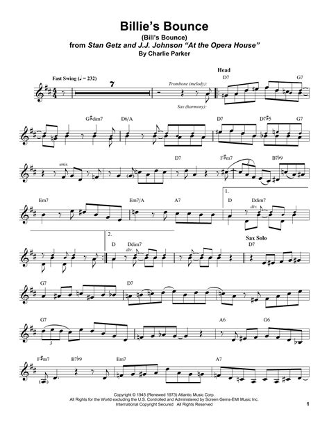 Billie S Bounce Bill S Bounce By Stan Getz Sheet Music For Alto Sax