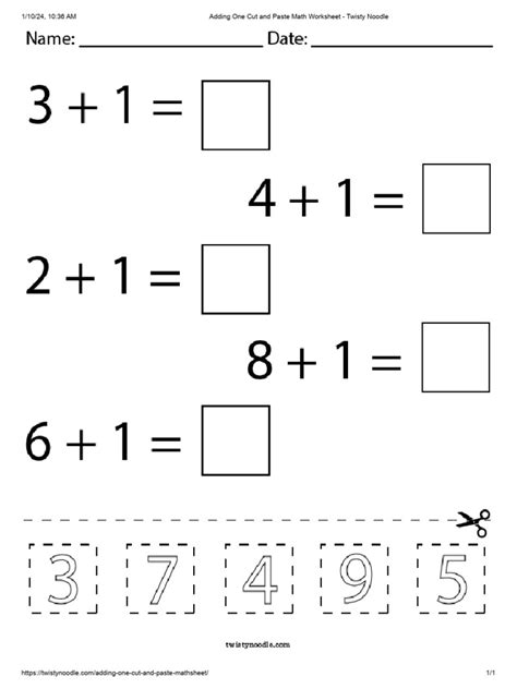 Adding One Cut And Paste Math Worksheet Twisty Noodle Pdf