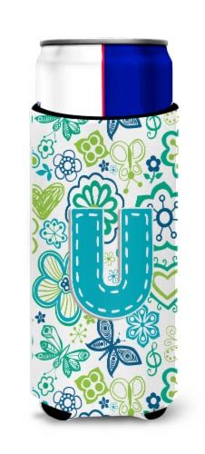 Letter U Flowers And Butterflies Teal Blue Ultra Hugger For Slim Cans Slim Can King Soopers