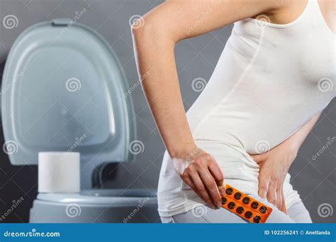 Woman Suffer From Belly Pain Holds Pills In Toilet Stock Image Image